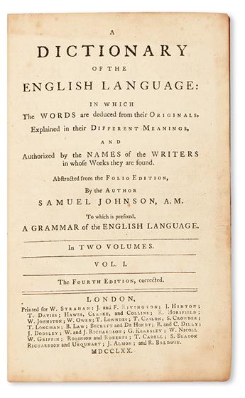 JOHNSON, SAMUEL. A Dictionary of the English Language.  2 vols.  1770.  With the 1771 bookplates of Prince George and Prince Frederick.